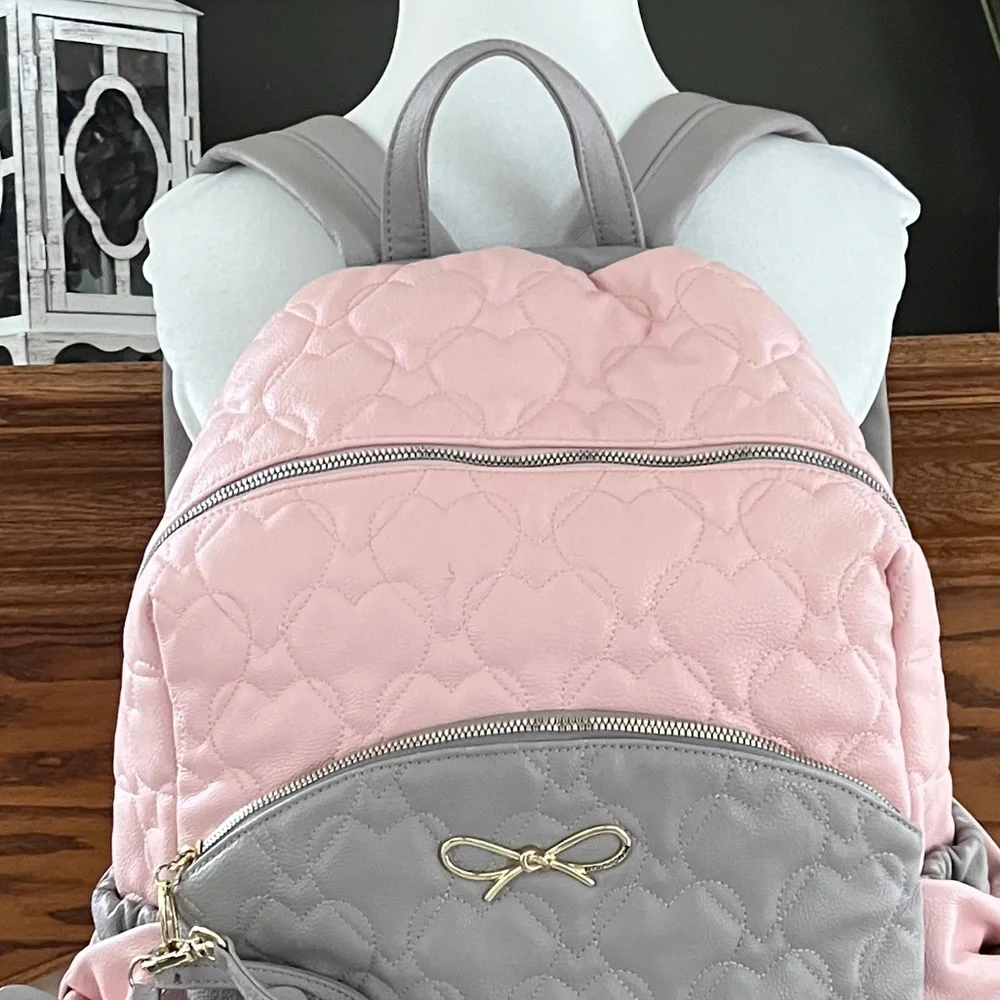 Betsey Johnson Pink and Gray True to Your Heart Quilted Backpack Diaper‎ Bag